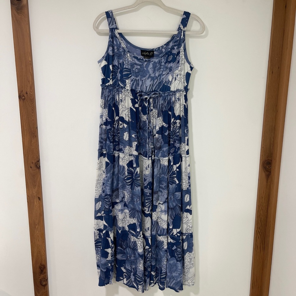 Lola P Women Blue Floral Cotton Rayon Tiered Maxi Dress Petite Small Boho Casual